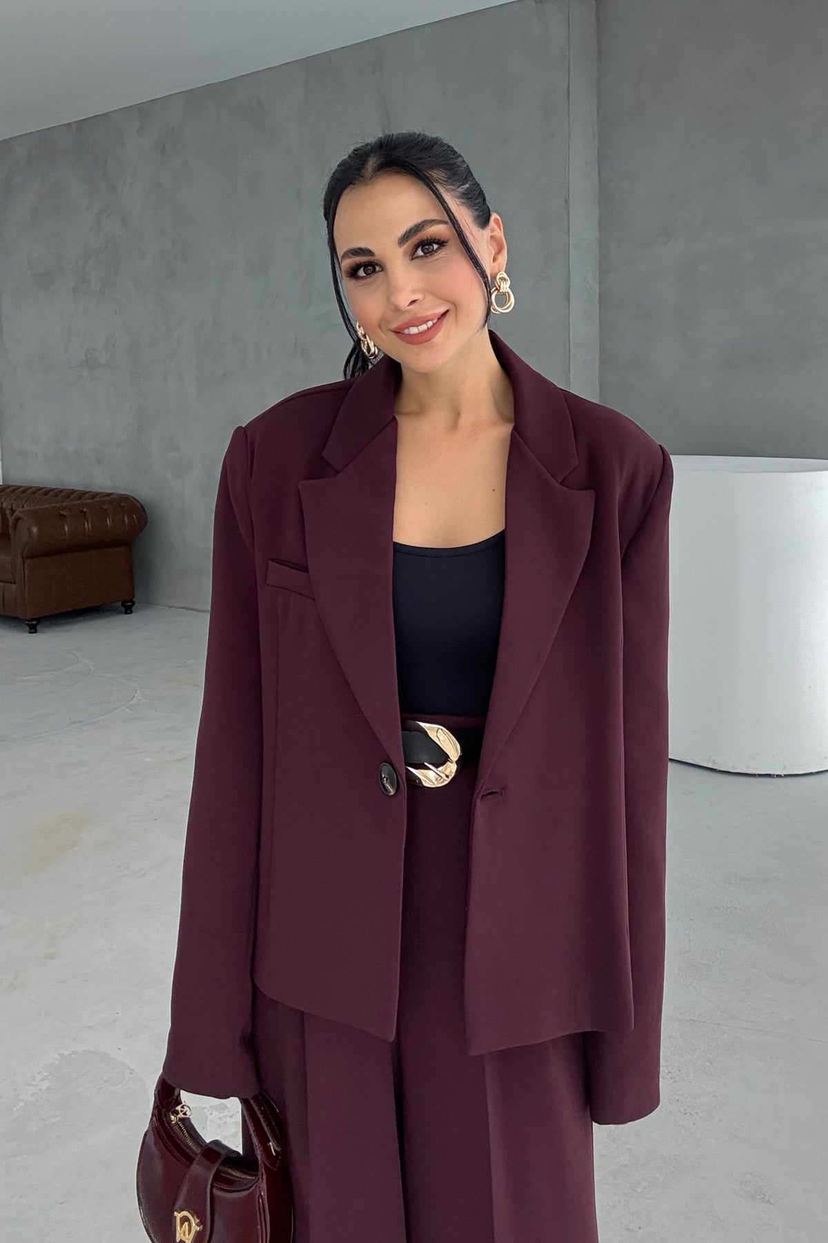 Mürdüm Oversize Tek Düğmeli Ceket Pantolon Takım SY-3389-Mürdüm