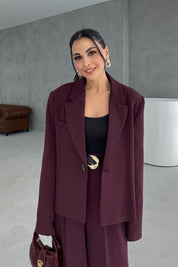 Mürdüm Oversize Tek Düğmeli Ceket Pantolon Takım SY-3389-Mürdüm