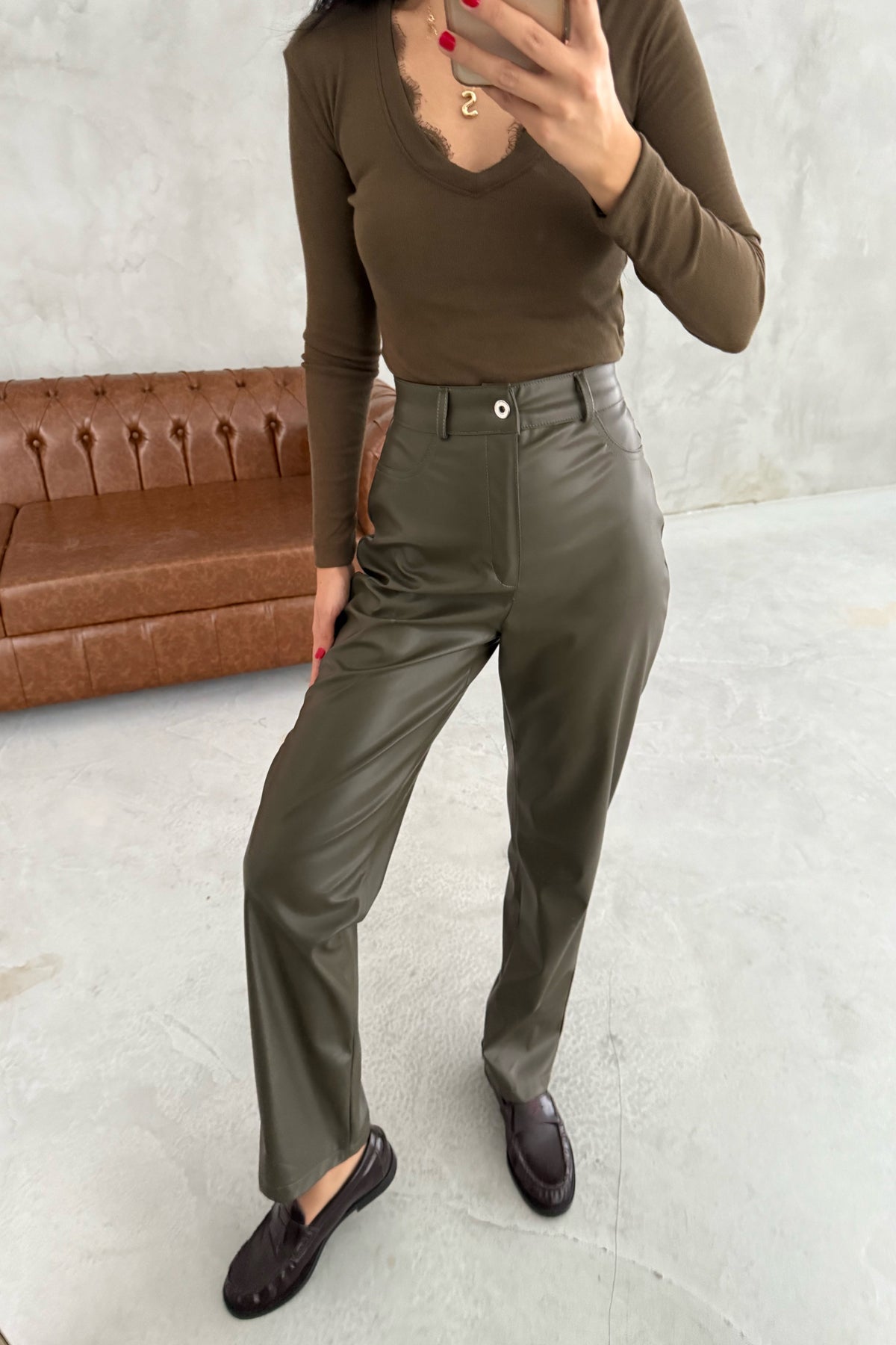 Haki Deri Düz Kesim Pantolon SY-3453-Haki