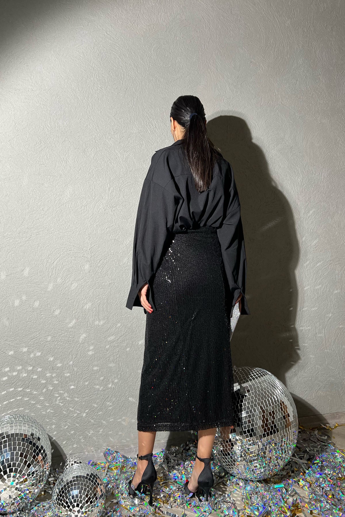 Siyah Pullu Bağlama Detaylı Etek SY-1393-Siyah