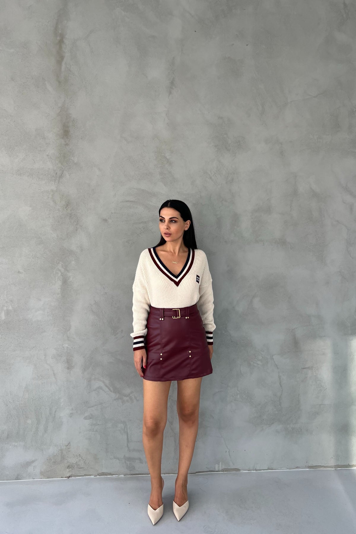 Bordo Kemerli Gizli Cep Detaylı Deri Etek SY-2485-Bordo