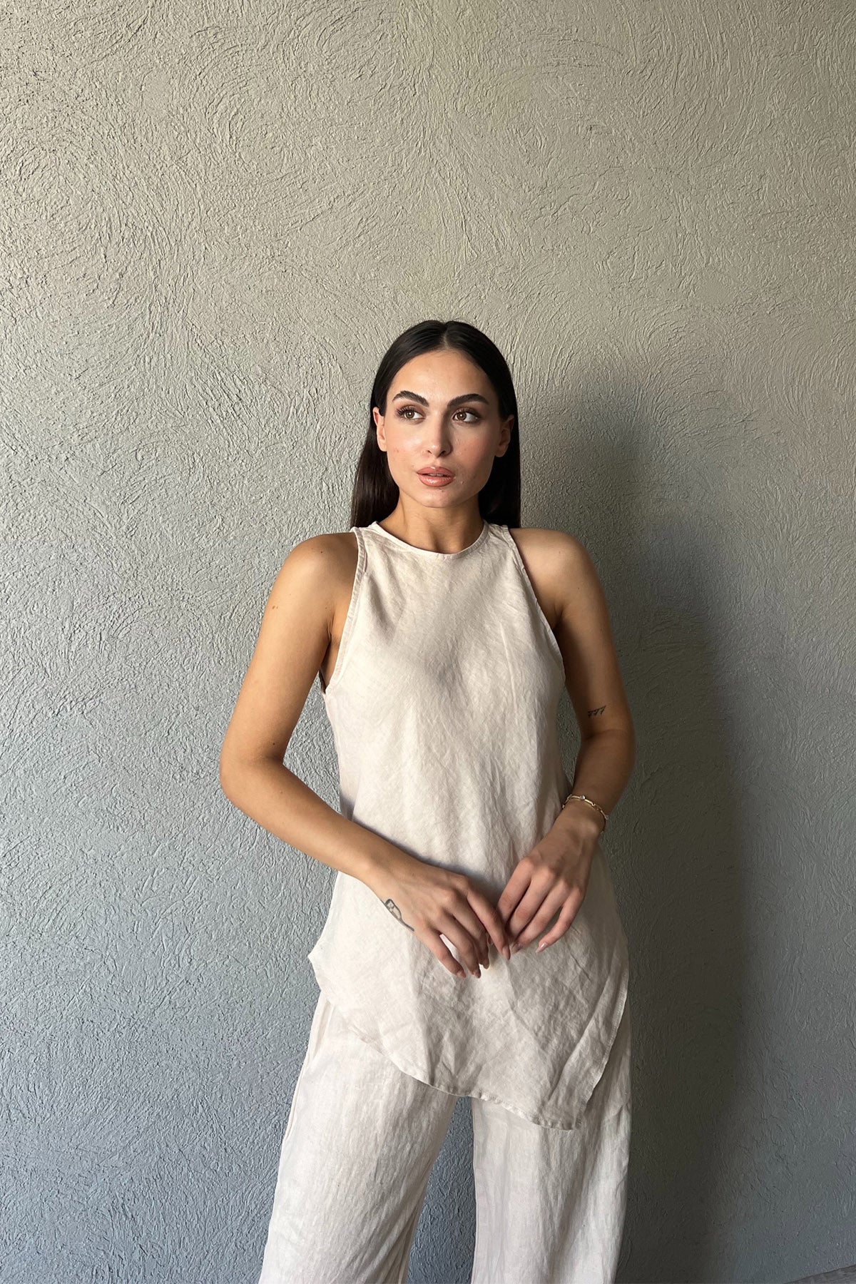 Bej Verev Kesim Bluz Pantolon Takım SY-2356-Bej