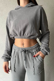 Gri Kapüşonlu Crop Sweatshirt SY-1683-Gri