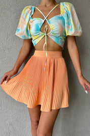 Mavi Çiçek Desenli Önü Bağlama Detaylı Crop SY-0712-Mavi