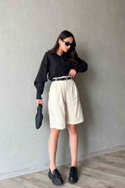 Bej Çift Pile Detaylı Basic Bermuda Şort SY-2010-Bej