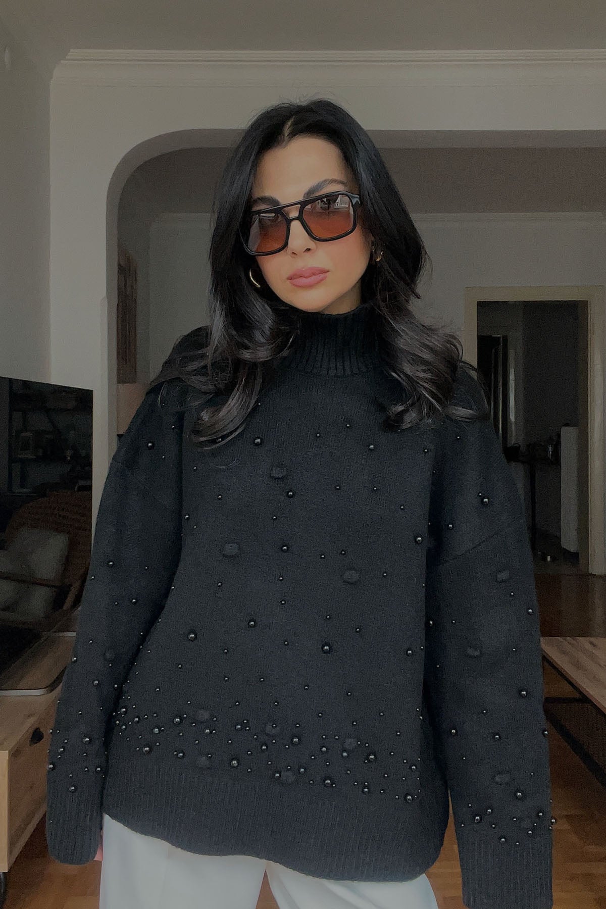 Siyah İnci Detaylı Yarım Balıkçı Triko Kazak SY-2741-Siyah