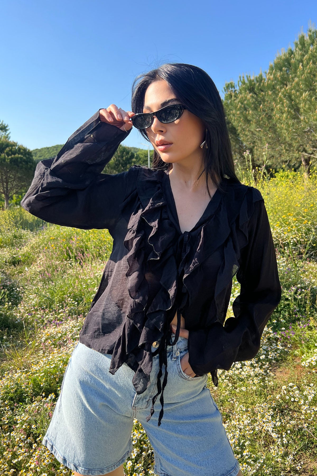 Siyah Uzun Kol Fırfırlı Bluz SY-3168-Siyah