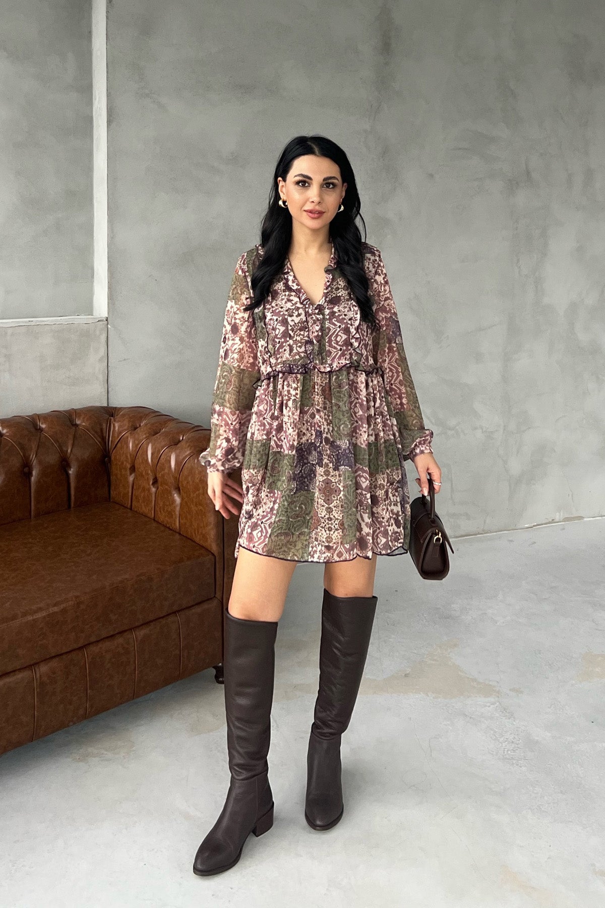 Haki Çiçek Desenli Astarlı Şifon Elbise SY-2917-Haki