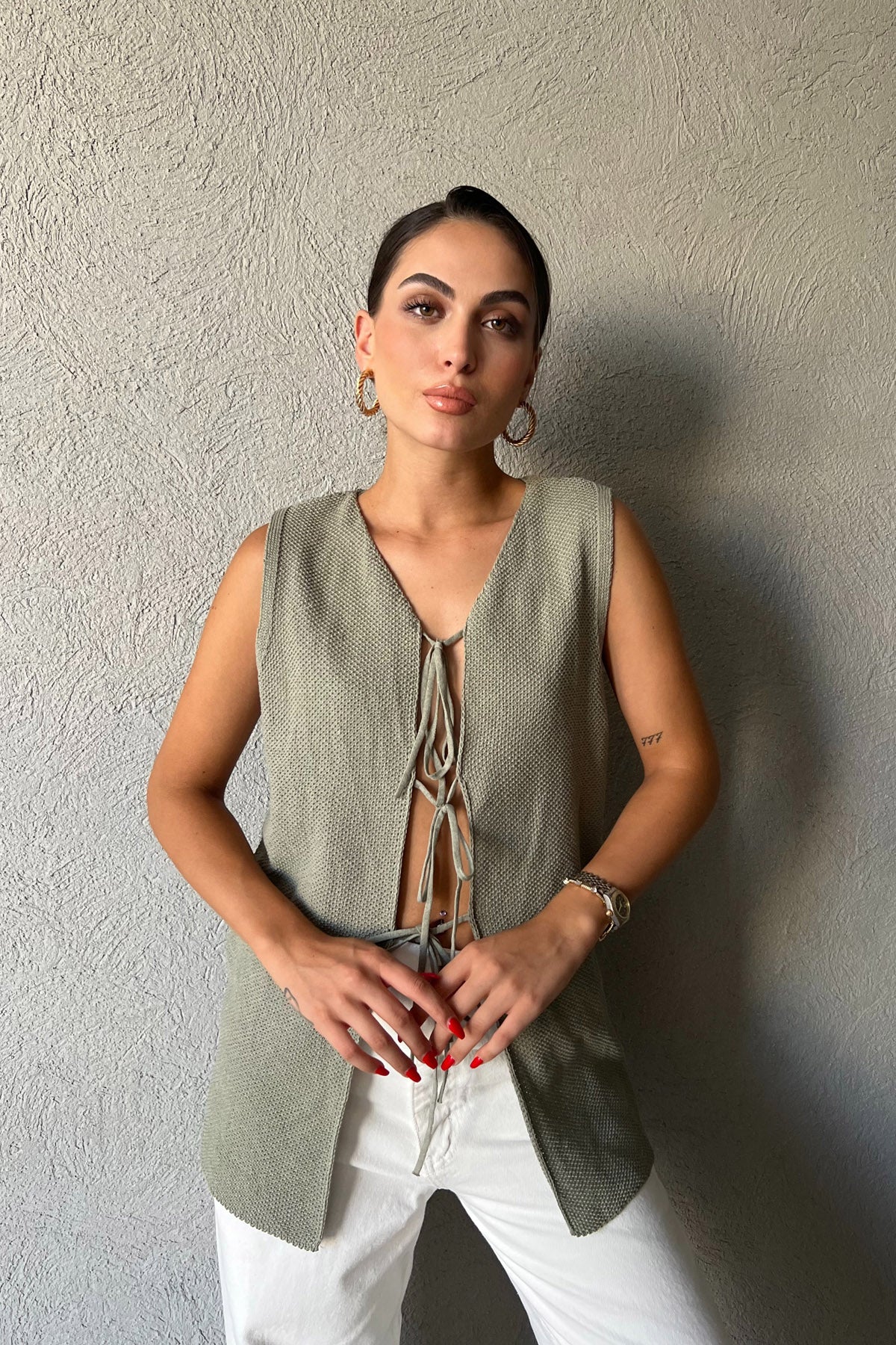 Haki  Bağcıklı Triko Yelek SY-2367-Haki