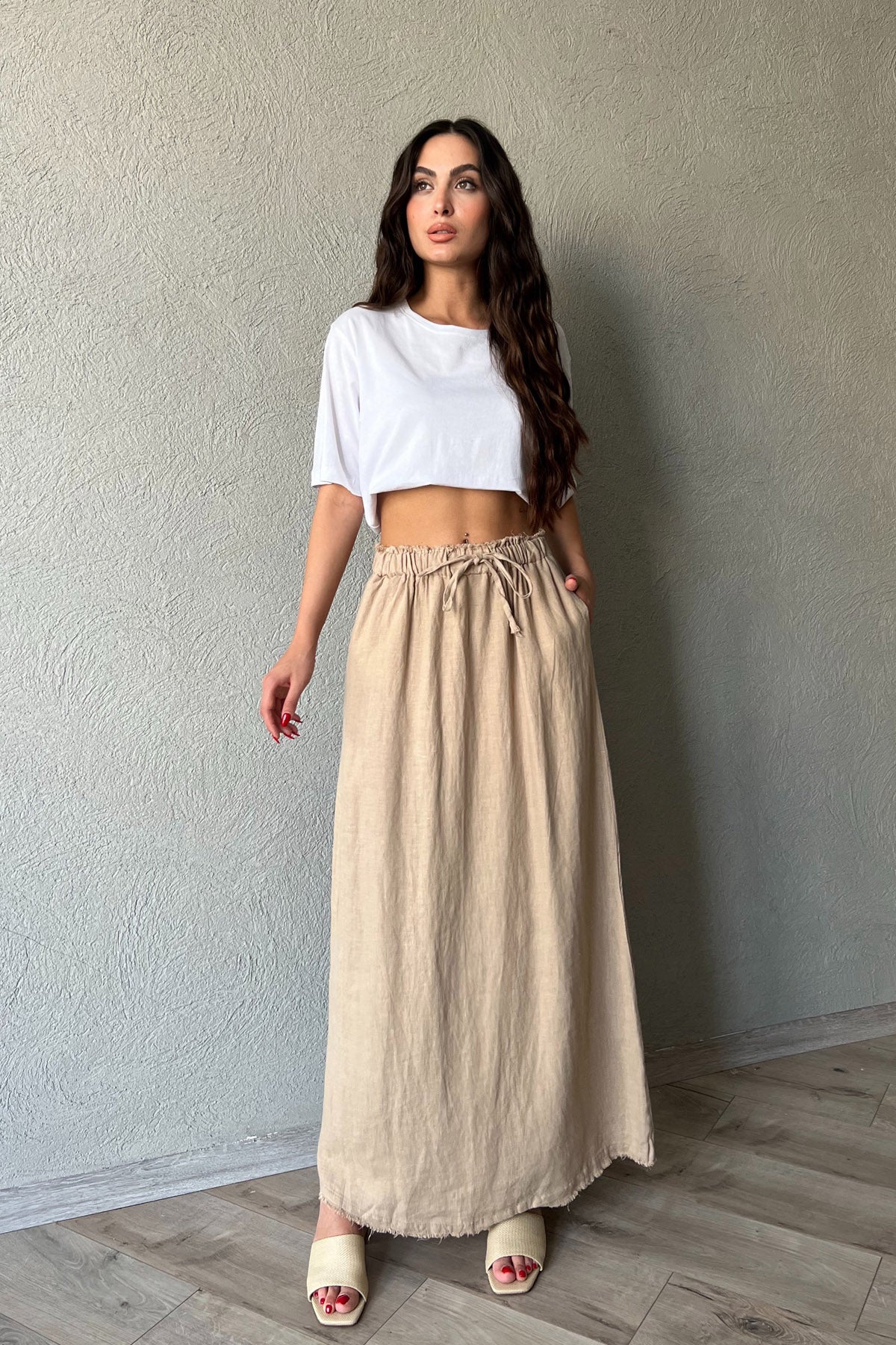 Vizon Beli Bağlama Detaylı Uzun Keten Etek SY-2154-Vizon