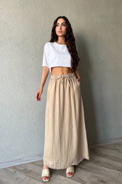 Vizon Beli Bağlama Detaylı Uzun Keten Etek SY-2154-Vizon