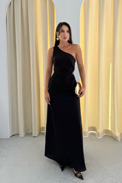 Siyah  Desenli Tek Kol Pencere Detaylı Elbise SY-3334-Siyah