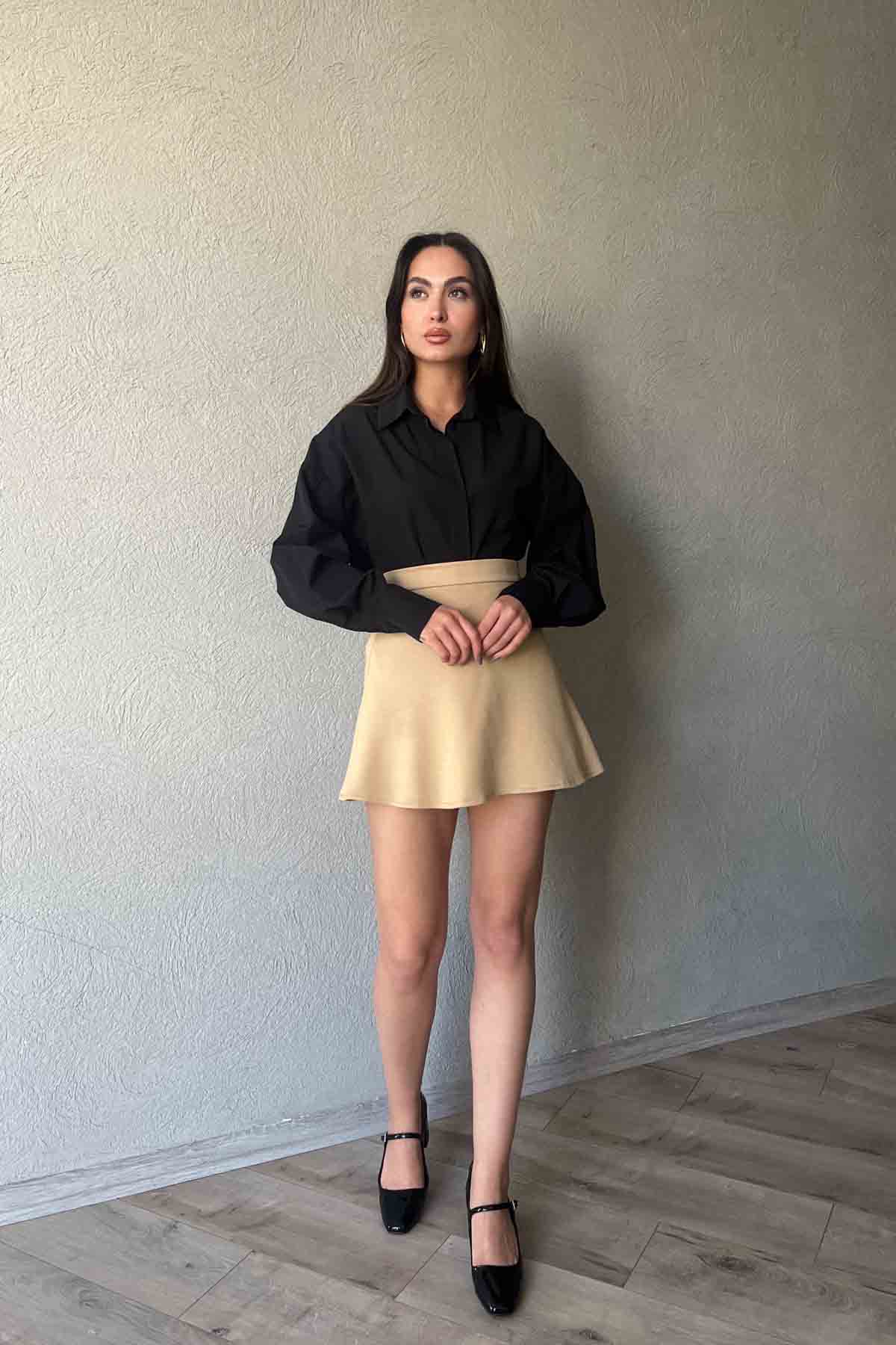 Vizon Volanlı Mini Etek SY-1930-Vizon