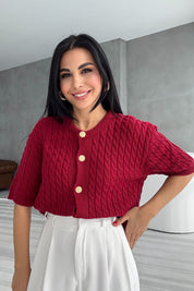 Bordo Gold Düğmeli Saç Örgülü Triko Hırka SY-3381-Bordo