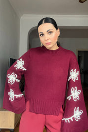 Bordo Tasarım Kolları Nakışlı Kazak SY-2837-Bordo