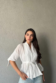 Beyaz Pens Detaylı Vual Kumaş Gömlek (Kemersiz) SY-2850-Beyaz