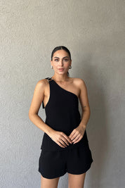 Siyah Aparat Detaylı Tek Omuz Bağlamalı Asimetrik Yelek SY-2341-Siyah