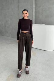 Kahverengi Beli Bağcıklı Pantolon SY-2951-Kahverengi