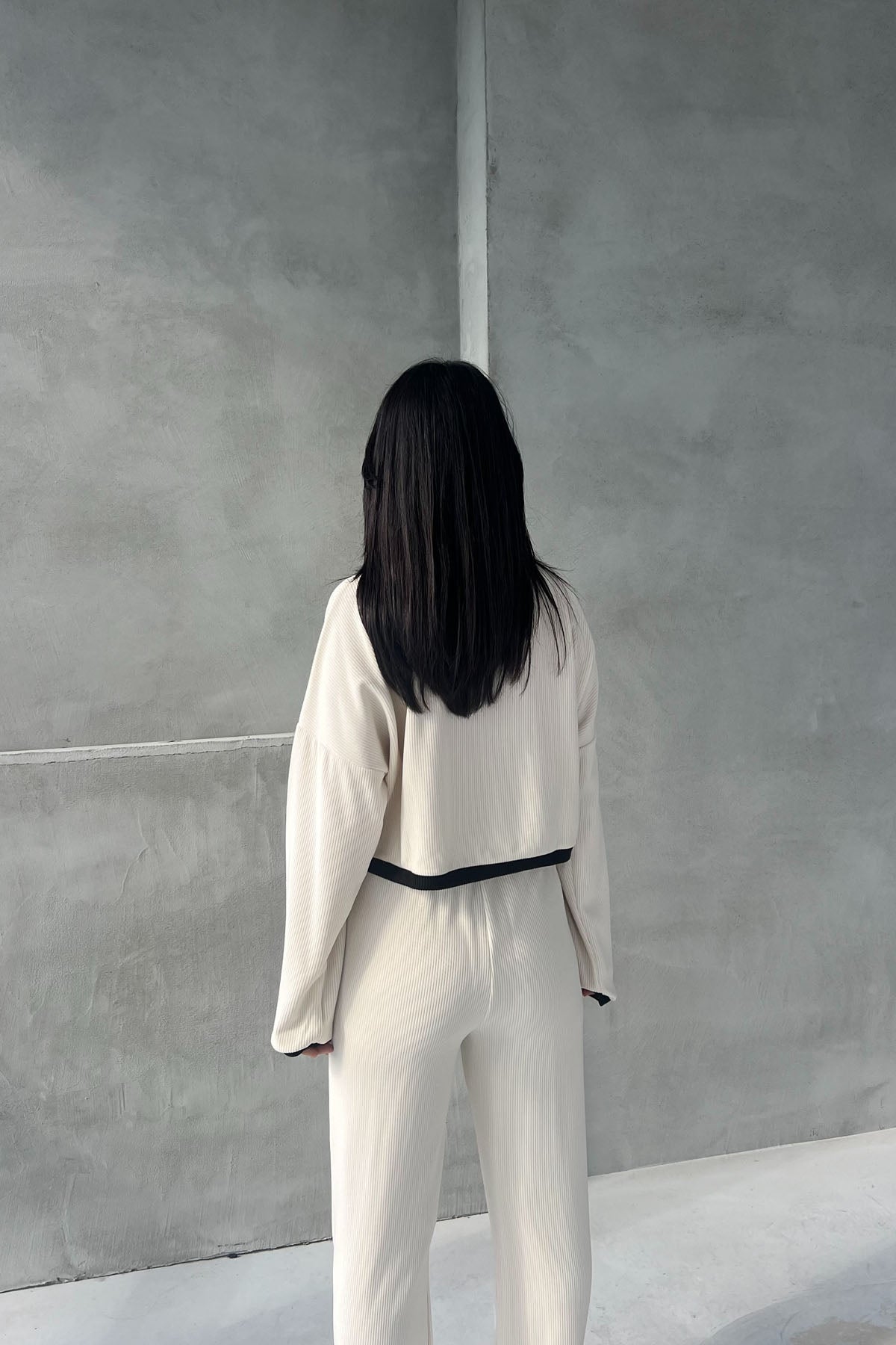 Krem Fitilli Uzun Kollu Crop Pantolon Takım SY-2725-Krem