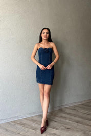 Koyu Mavi Straplez Gül Broş Detaylı Denim Elbise SY-1900- Koyu Mavi