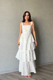 Yeşil Sarı Çiçekli Arkası Bağlama Detaylı Kat Kat Elbise SY-2038-Yeşil-Sarı