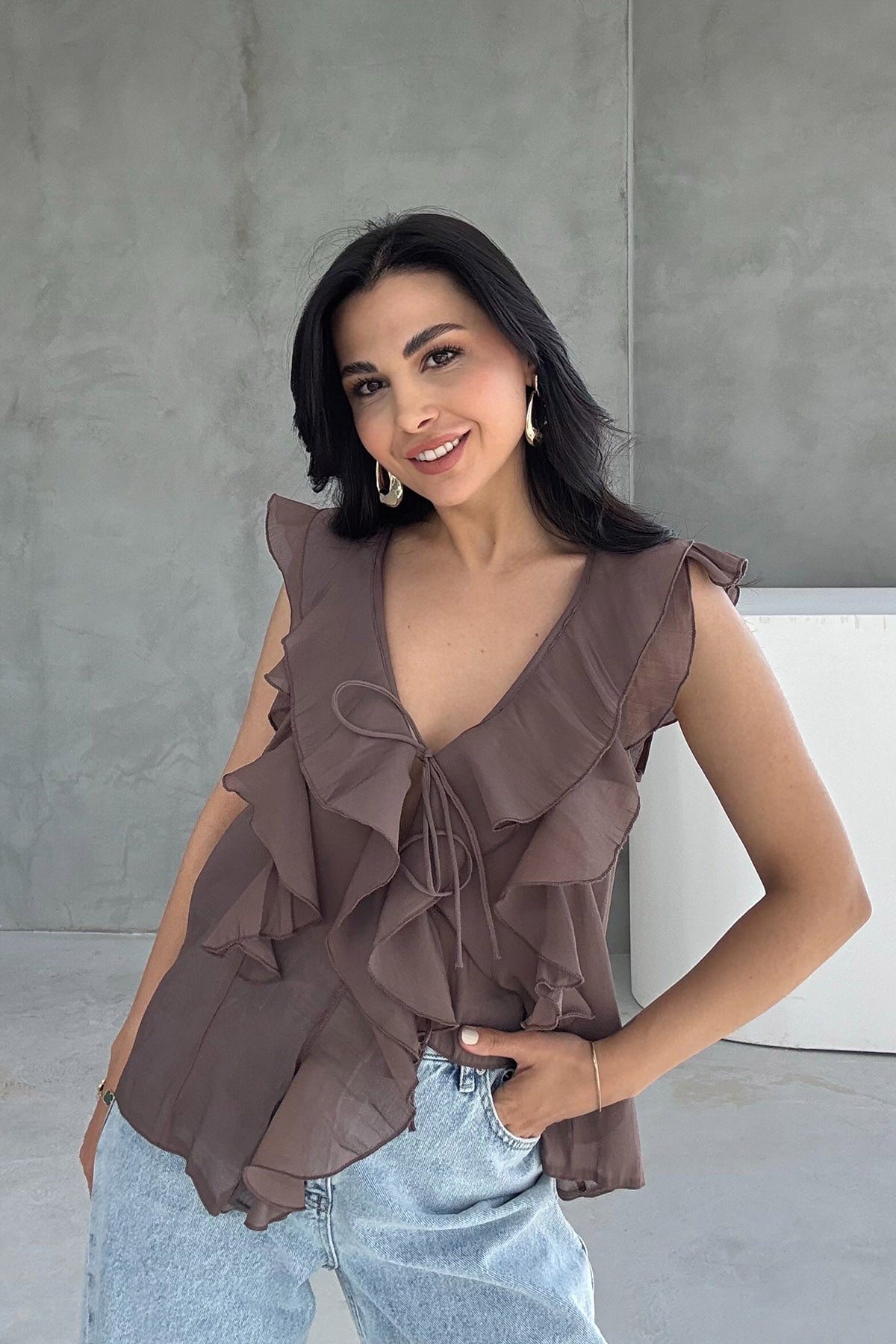 Kahve Fırfırlı Bağlama Detaylı Bluz SY-3165-Kahve