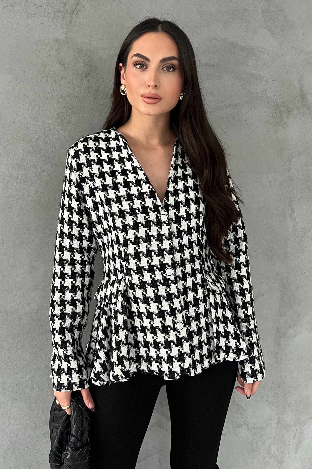 Siyah Kazayağı Kurdele Detay Tasarım Ceket SY-2766-Siyah