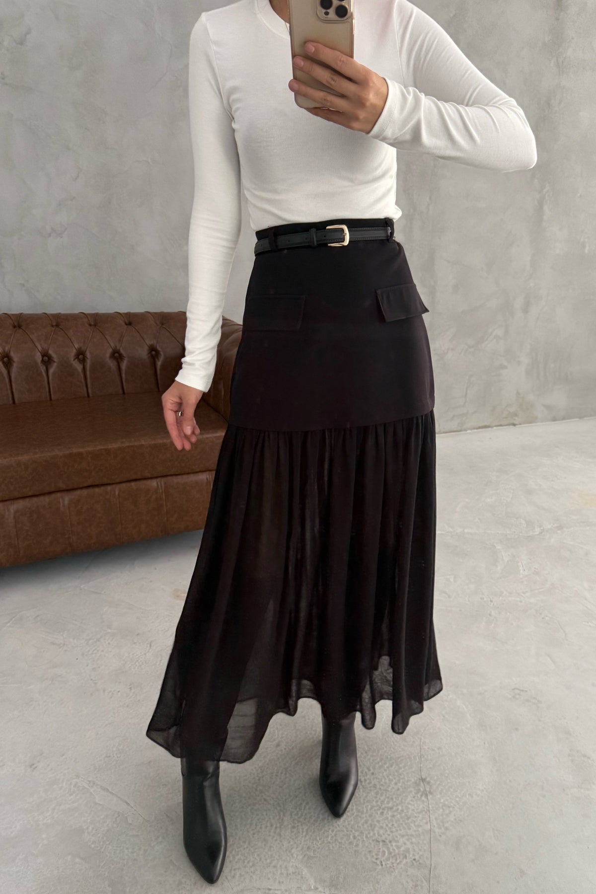 Siyah Tül Garnili Kemerli Midi Etek SY-3394-Siyah