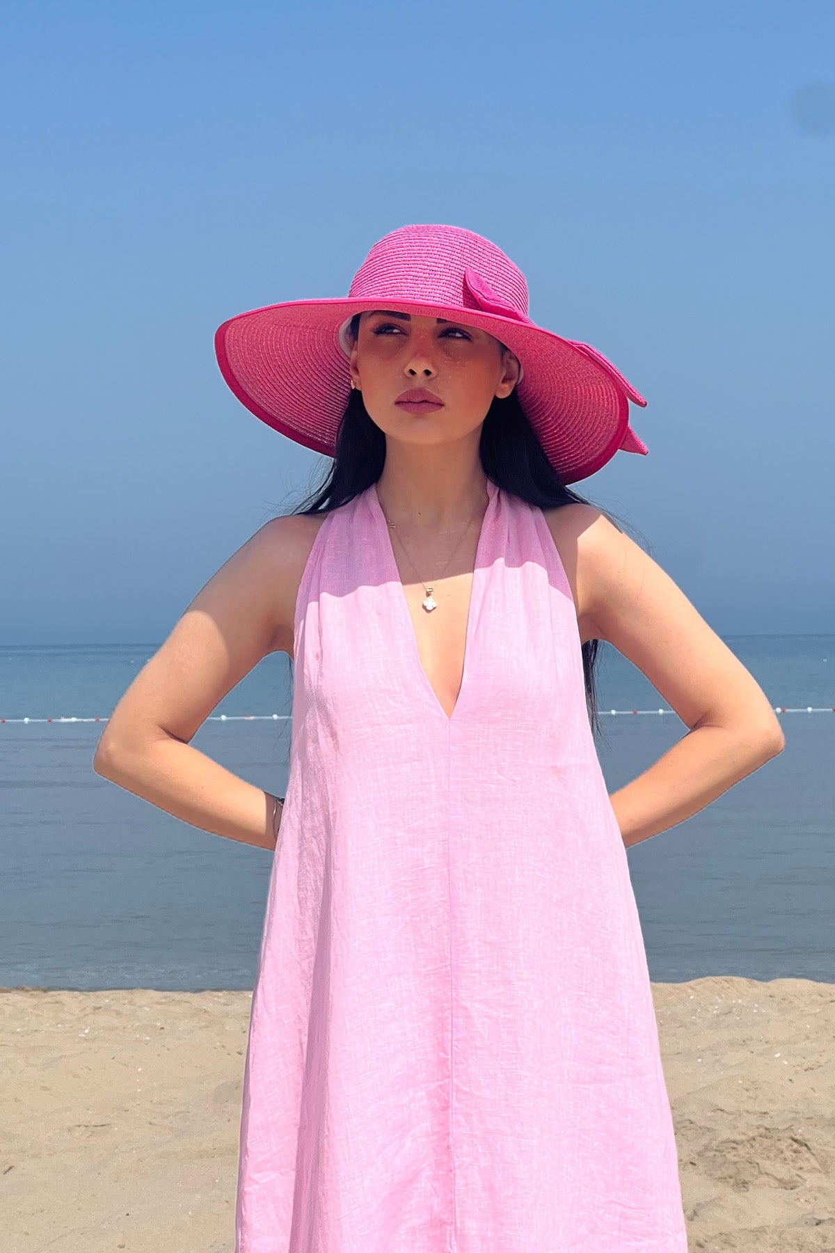 Pembe V Yaka Sırt Detaylı Uzun Keten Elbise SY-2184-Pembe