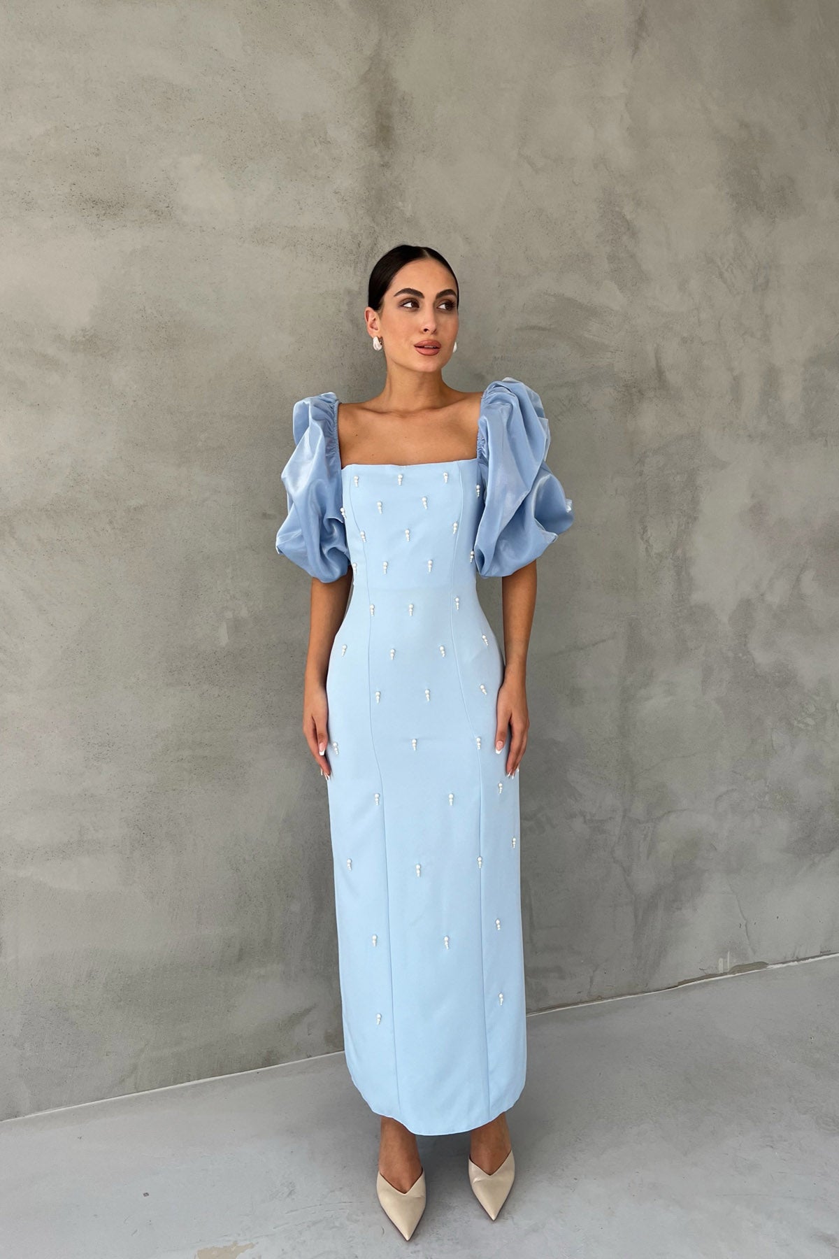 Bebe Mavisi Prenses Kol İnci Detaylı Fermuarlı Elbise SY-2501-Bebe Mavisi