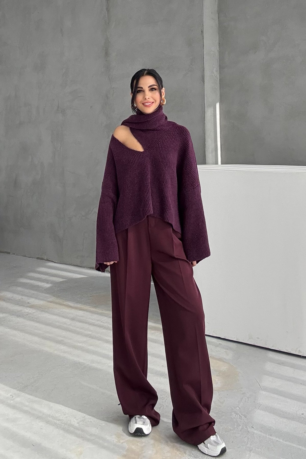 Mürdüm Şal Detaylı Triko Kazak SY-3427-Mürdüm