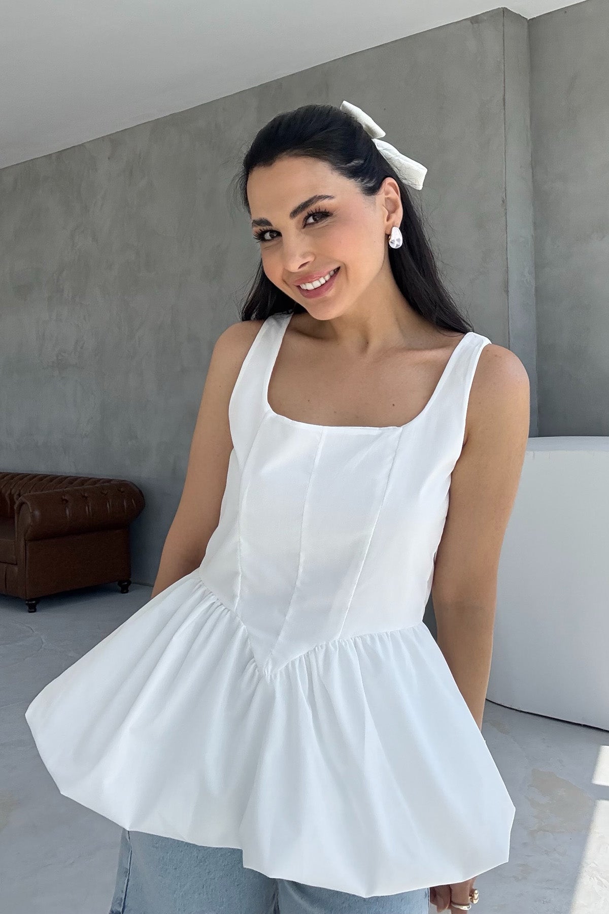 Beyaz Askılı Balon Bluz SY-3112-Beyaz