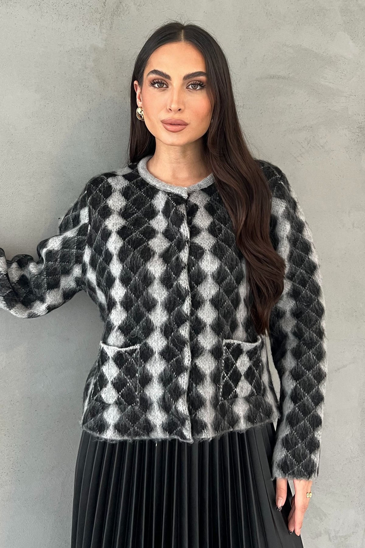 Gri Siyah Bisiklet Yaka Hırka SY-2821-Gri