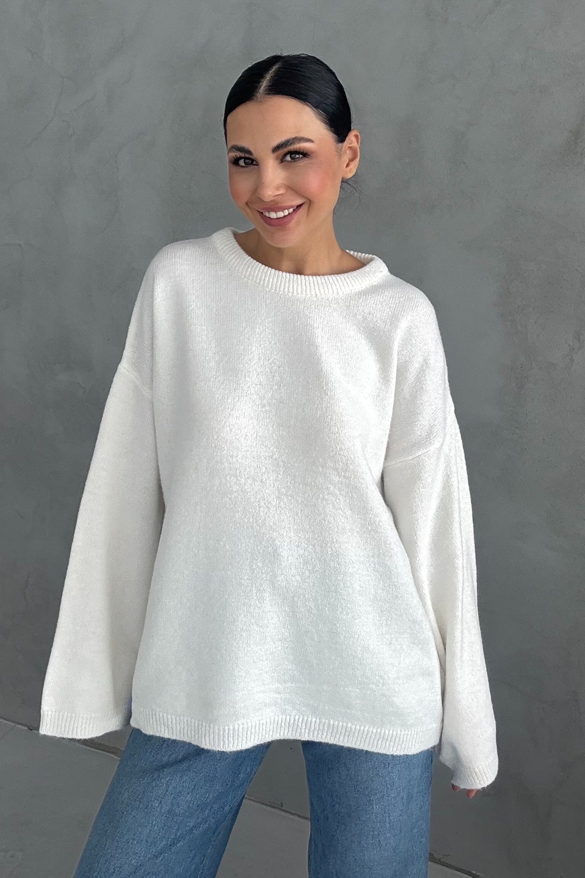 Beyaz Bisiklet Yaka Oversize Pinterest Triko Kazak SY-3343-Beyaz