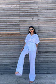 Beyaz Belden Bağlama Detaylı Keten Takım SY-2189-Beyaz