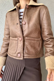 Camel İçi Kürklü Düğmeli Suni Deri Ceket SY-1015-Camel