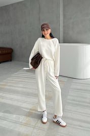 Ekru Uzun Kollu Beli Lastikli Modal Takım SY-3383-Ekru