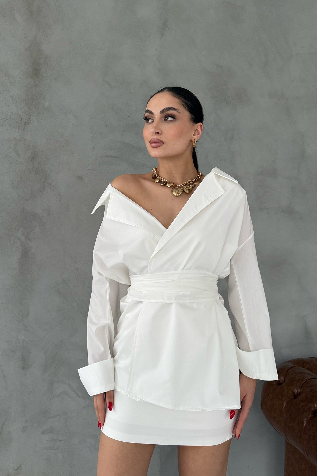 Beyaz Önü Bağlamalı Tasarım Gömlek SY-3023-Beyaz