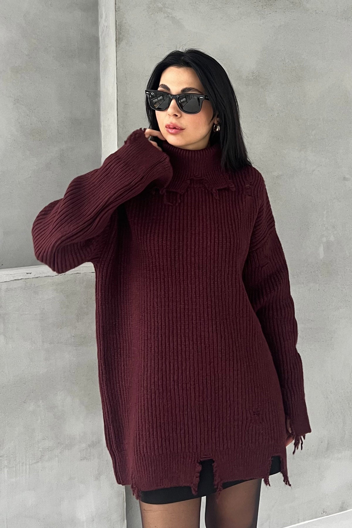 Bordo Yırtık Detaylı Boğazlı Triko Kazak SY-2840-Bordo