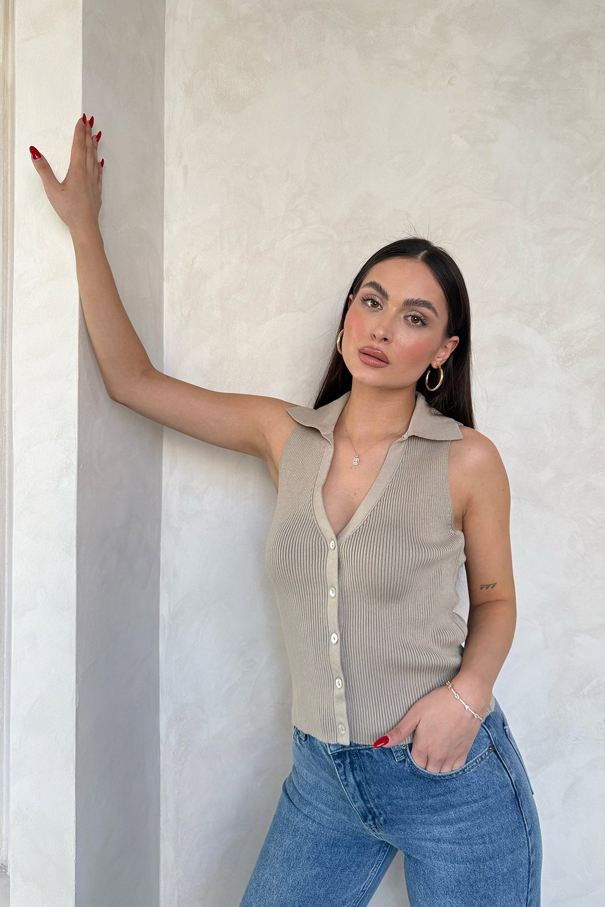 Bej Sya Polo Yaka Triko Yelek SY-3081-Bej