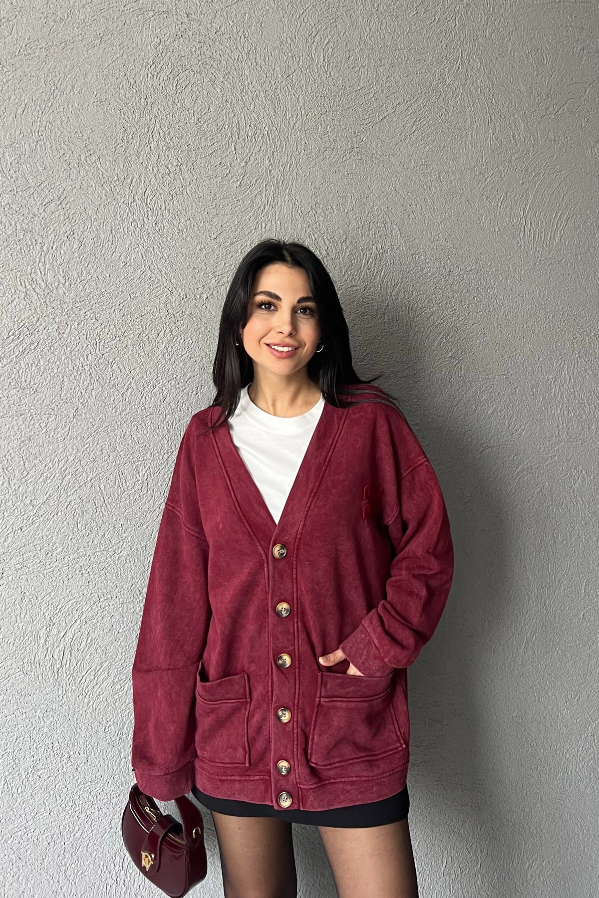 Bordo Logo Detay Yıkamalı Hırka SY-2751-Bordo