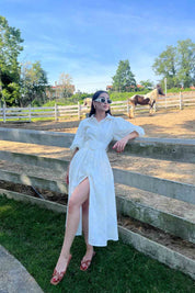 Ekru Balon Kol Pile Detaylı Kemerli Brode Elbise SY-2084-Ekru