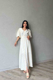 Mavi Puantiye Desenli Düğme Detaylı Balon Kol Elbise SY-1790-Mavi