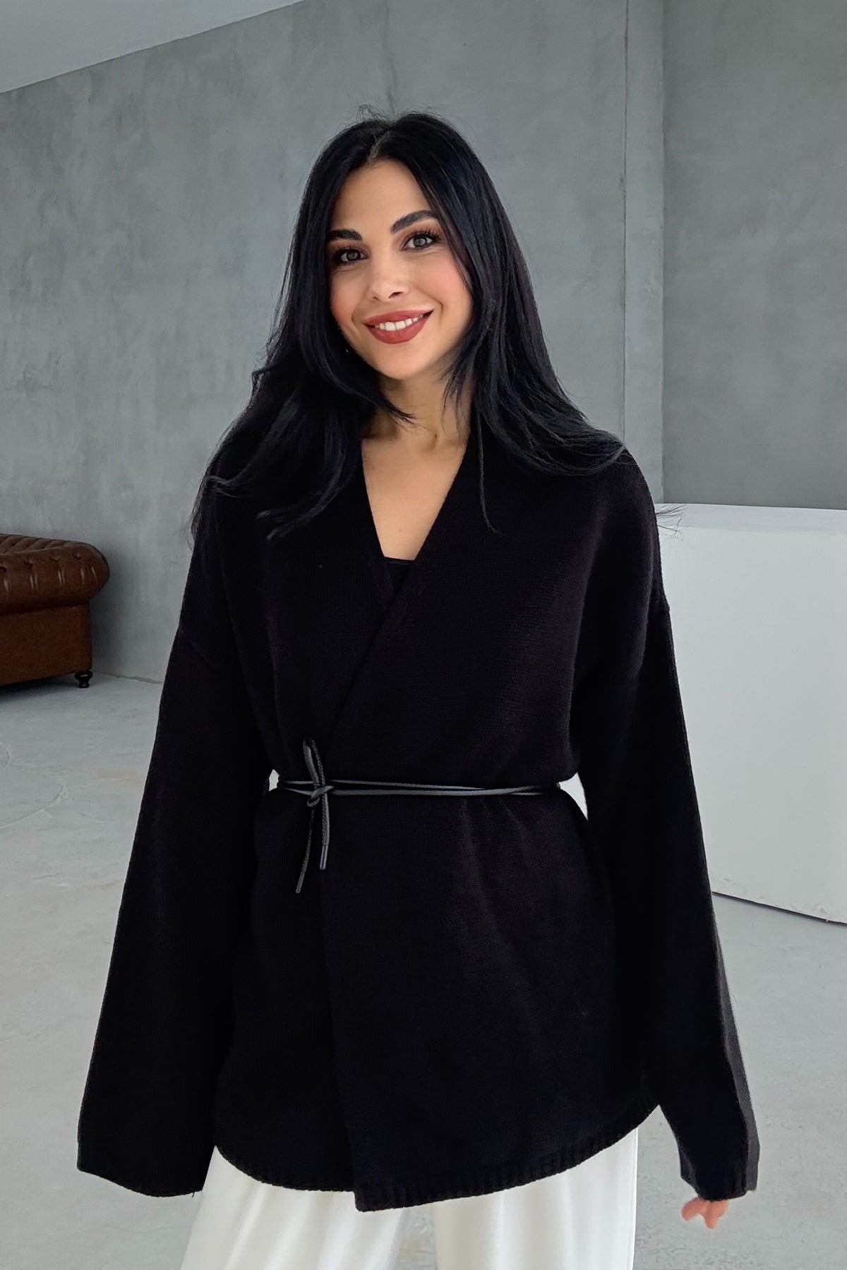 Siyah Deri Kemerli Triko Hırka SY-3405-Siyah