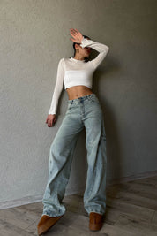 Yeşil Eskitme Süper Wide Leg Cep Detaylı Jean SY-1652-Yeşil