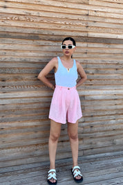 Pembe Pile Detaylı Keten Şort SY-2187-Pembe