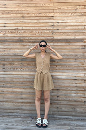 Vizon Sırt Detaylı Yelek Şort Keten Takım SY-2186-Vizon