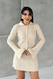 Krem İspanyol Kol Hırka ve Etek Triko Takım SY-2785-Krem