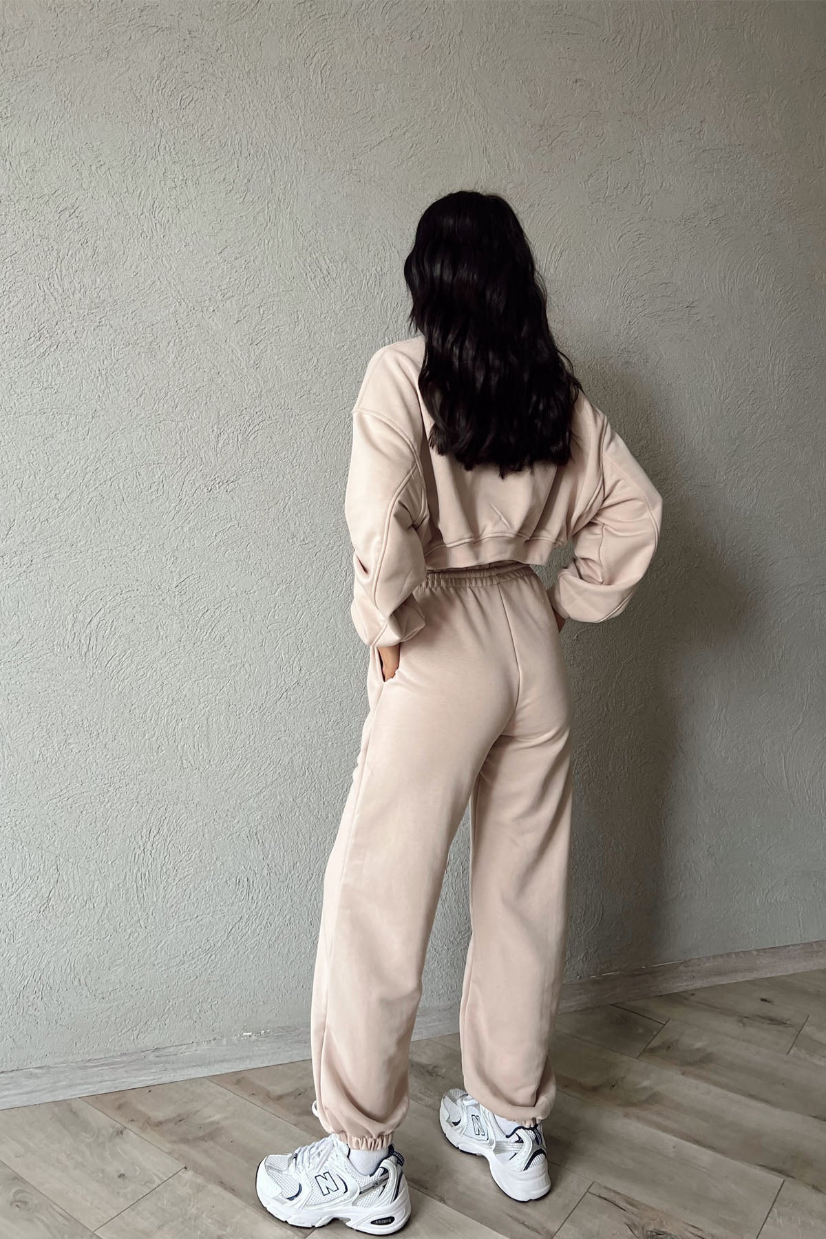 Bej Uzun Kollu Crop Eşofman Takımı SY-1154-Bej