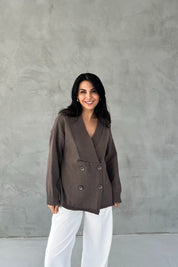 Kahve Düğmeli Kruvaze Yaka Hırka SY-2423-Kahve